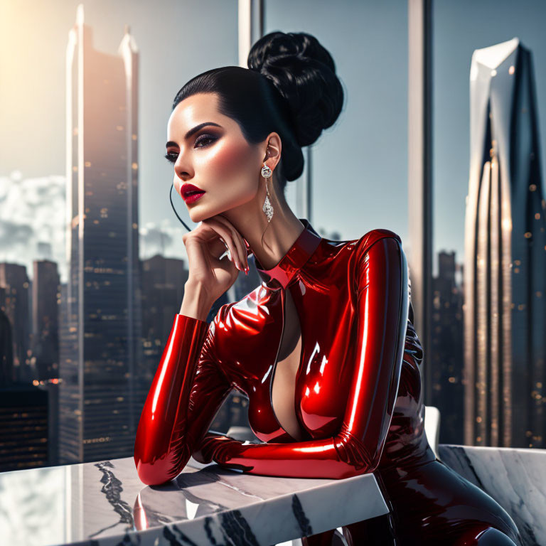 Woman in Red Latex Outfit Poses Against Cityscape Skyline