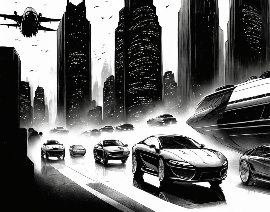 Monochrome futuristic cityscape with flying vehicles and skyscrapers