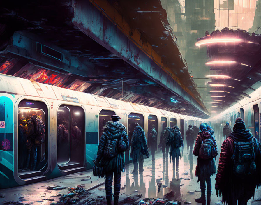 Futuristic subway station with dystopian vibe