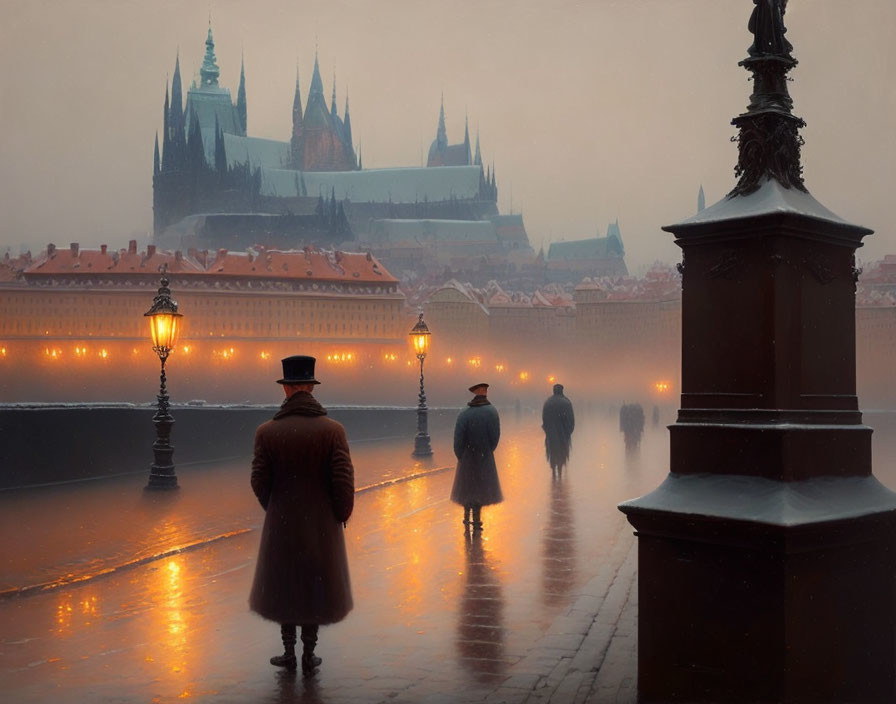 Historic bridge with mist, pedestrians, street lamps, and cathedral silhouette