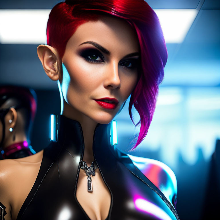 Red-haired woman in futuristic attire with confident gaze in blue-lit space