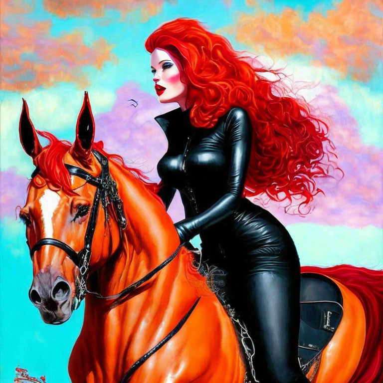 Vibrant red-haired woman on brown horse under colorful skies