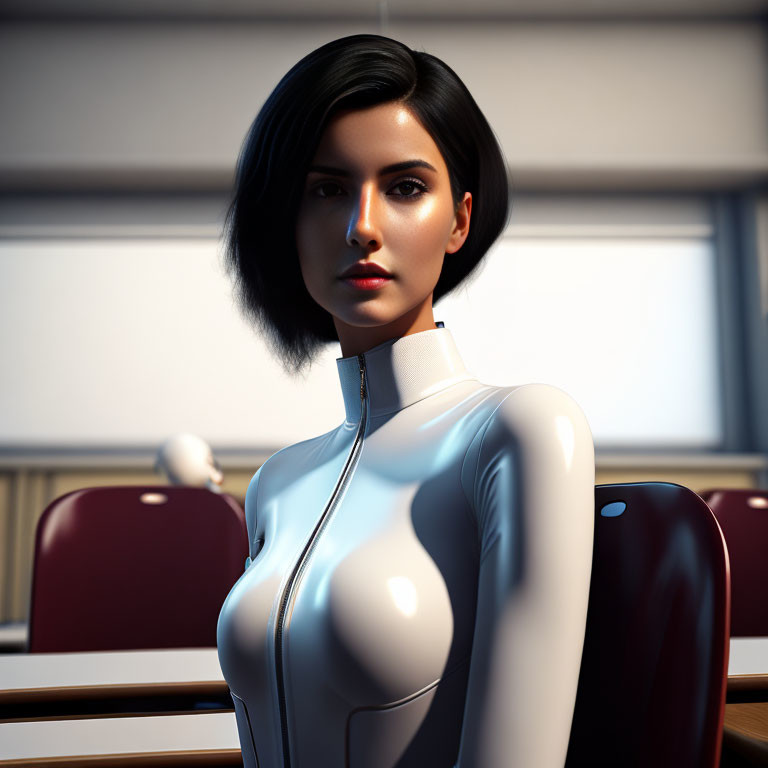 3D-rendered woman in bob haircut, white suit, sitting in classroom with red chairs