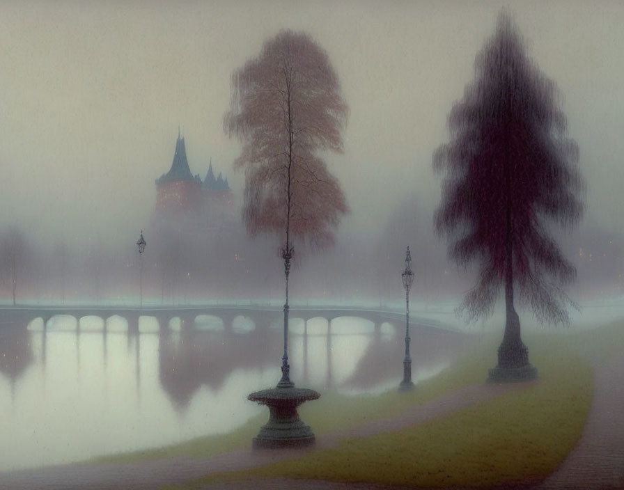 Misty riverside with trees, lamppost, bridge, and castle silhouette