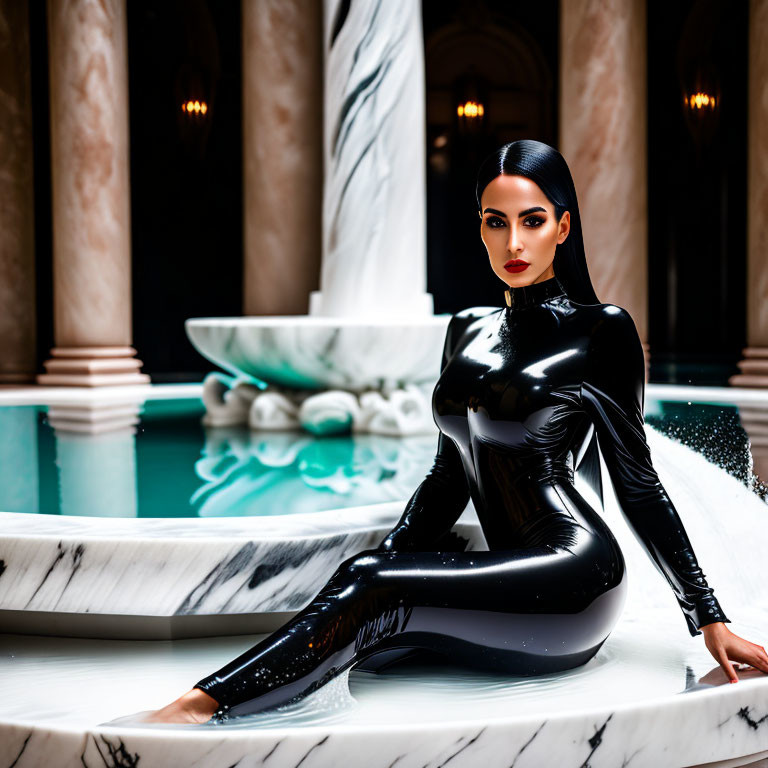 Elegant pose in shiny black bodysuit by indoor pool with classical columns