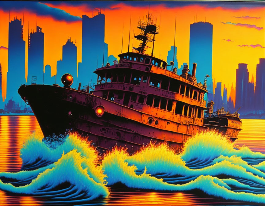 Vivid sunset boat image with crashing waves and city skyline