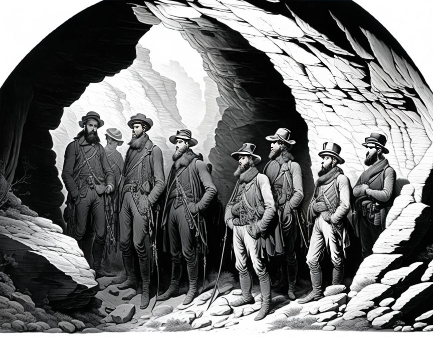 Nine 19th-Century Men in Formal Attire Inside Large Cave