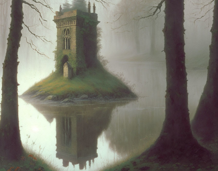 Ethereal painting of solitary tower on misty island.