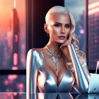 Futuristic digital artwork of woman with platinum blonde hair in silver outfit against cityscape