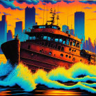 Vivid sunset boat image with crashing waves and city skyline