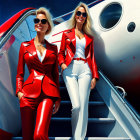 Fashionable women in red and white outfits by private jet under blue sky