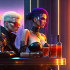 Futuristic individuals in cyberpunk setting with neon lights