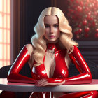 Platinum blonde woman in red latex suit at table with red foliage background