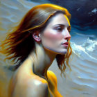 Portrait of woman with flowing hair against sky-water background