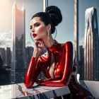 Woman in Red Latex Outfit Poses Against Cityscape Skyline