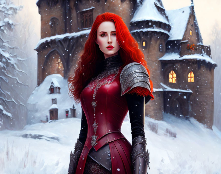 Red-haired woman in medieval armor before snowy castle.