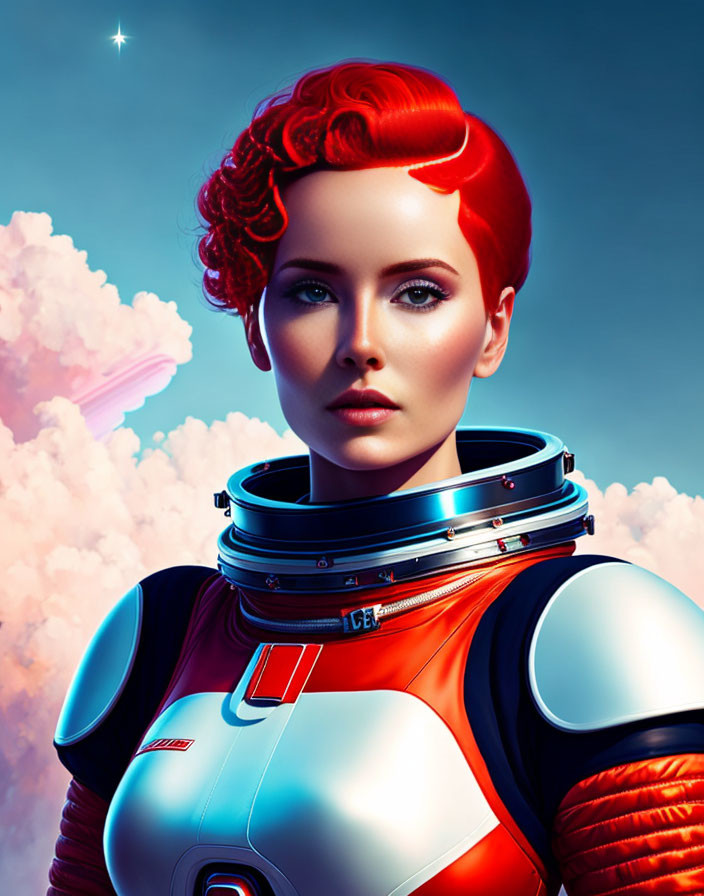 Digital illustration: Red-haired woman in futuristic space suit amidst clouds and starry sky