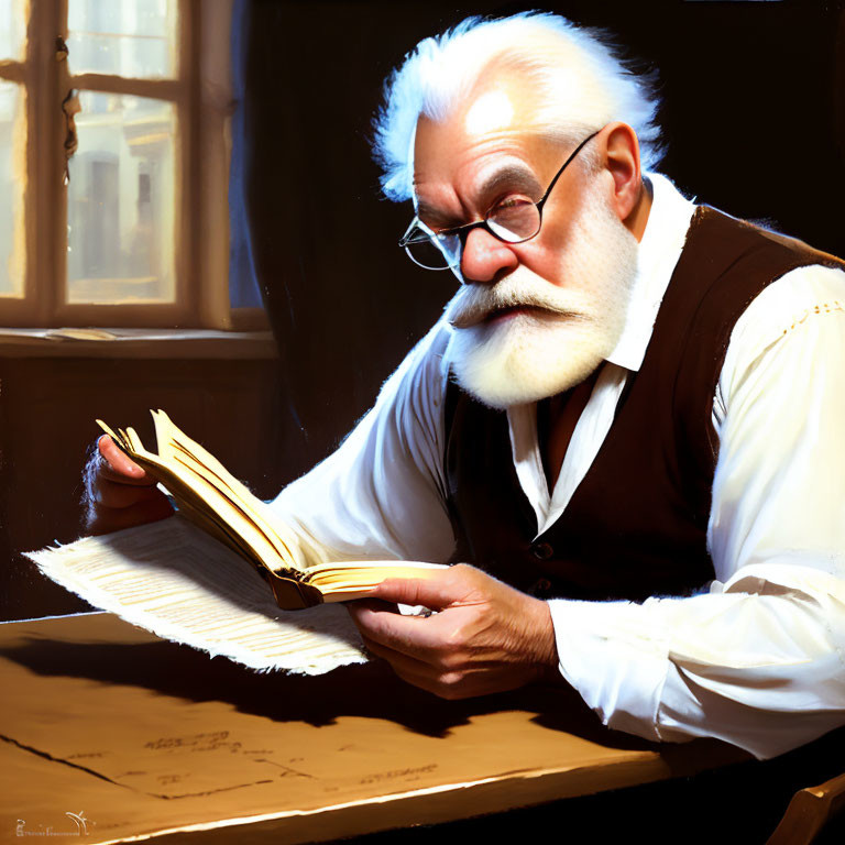 Elderly man reading book at desk by window with papers and quill