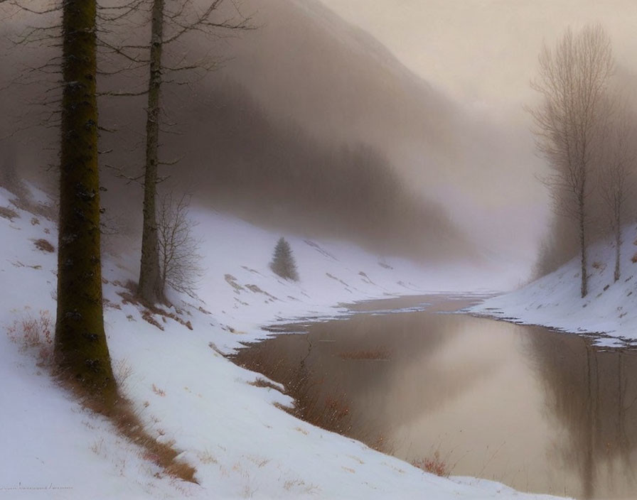 Misty Winter River with Snow-Covered Ground