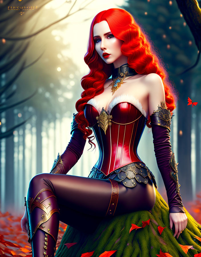 Digital illustration of woman with red hair in fantasy attire in enchanted forest