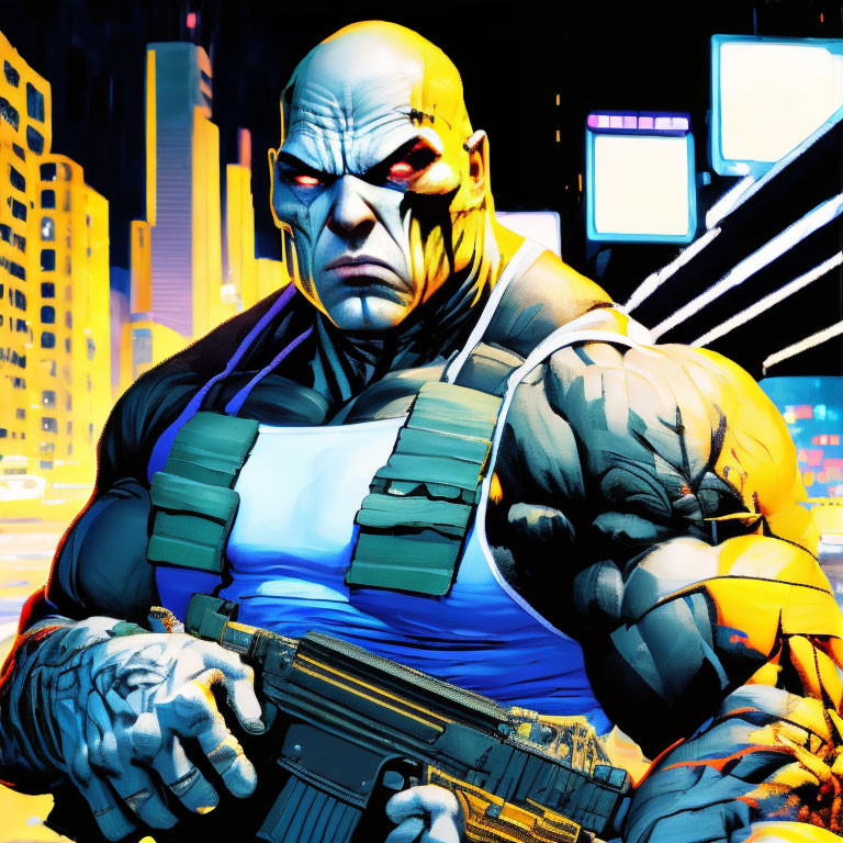 Muscular bald character in bulletproof vest with red eye marks, fists clenched, against neon city