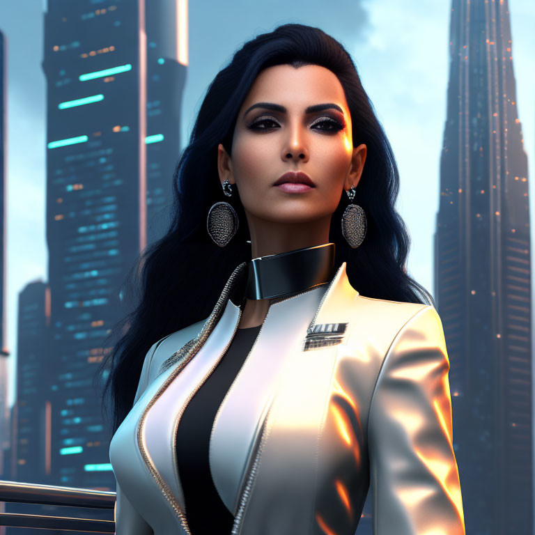 Digital portrait of woman in futuristic attire against skyscrapers.