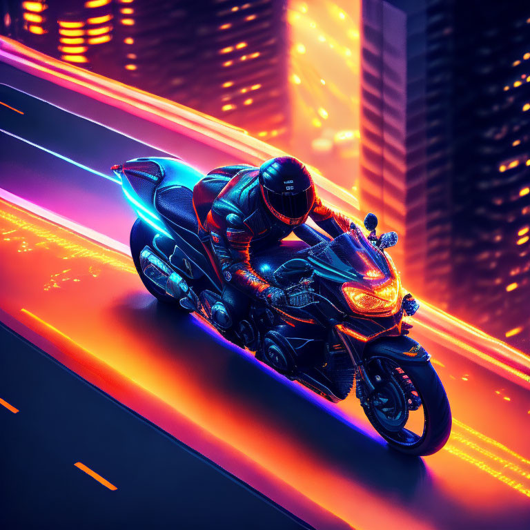 Futuristic rider on sleek motorcycle in neon cityscape