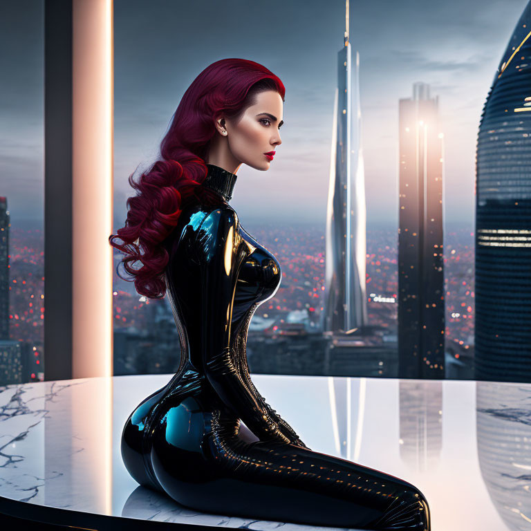 Red-haired woman in black latex suit gazes at futuristic cityscape at dusk