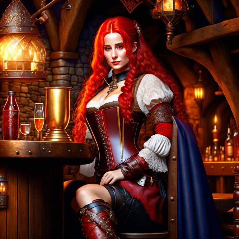 Medieval-themed digital artwork of woman with long red hair in tavern