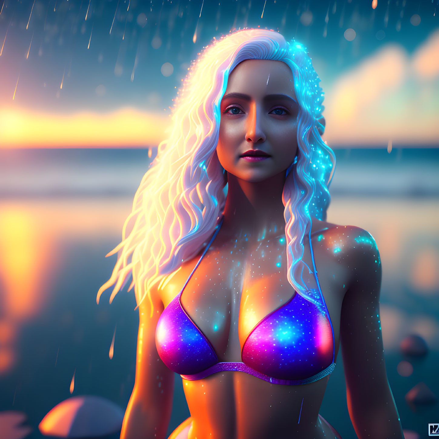 Digital artwork: Woman with glowing hair in sparkling bikini on twilight beach with rain