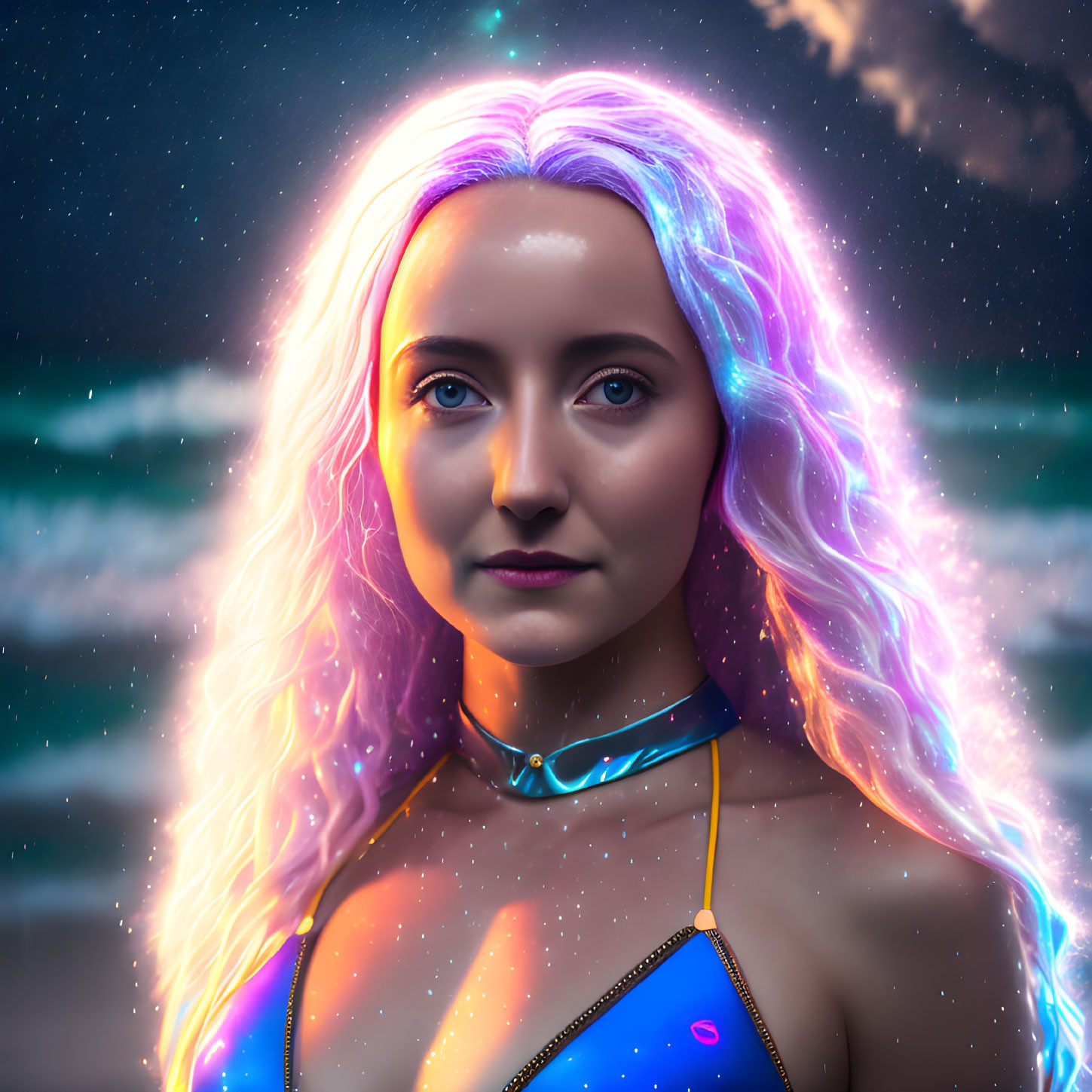 Colorful-haired woman with futuristic necklace by ocean at twilight