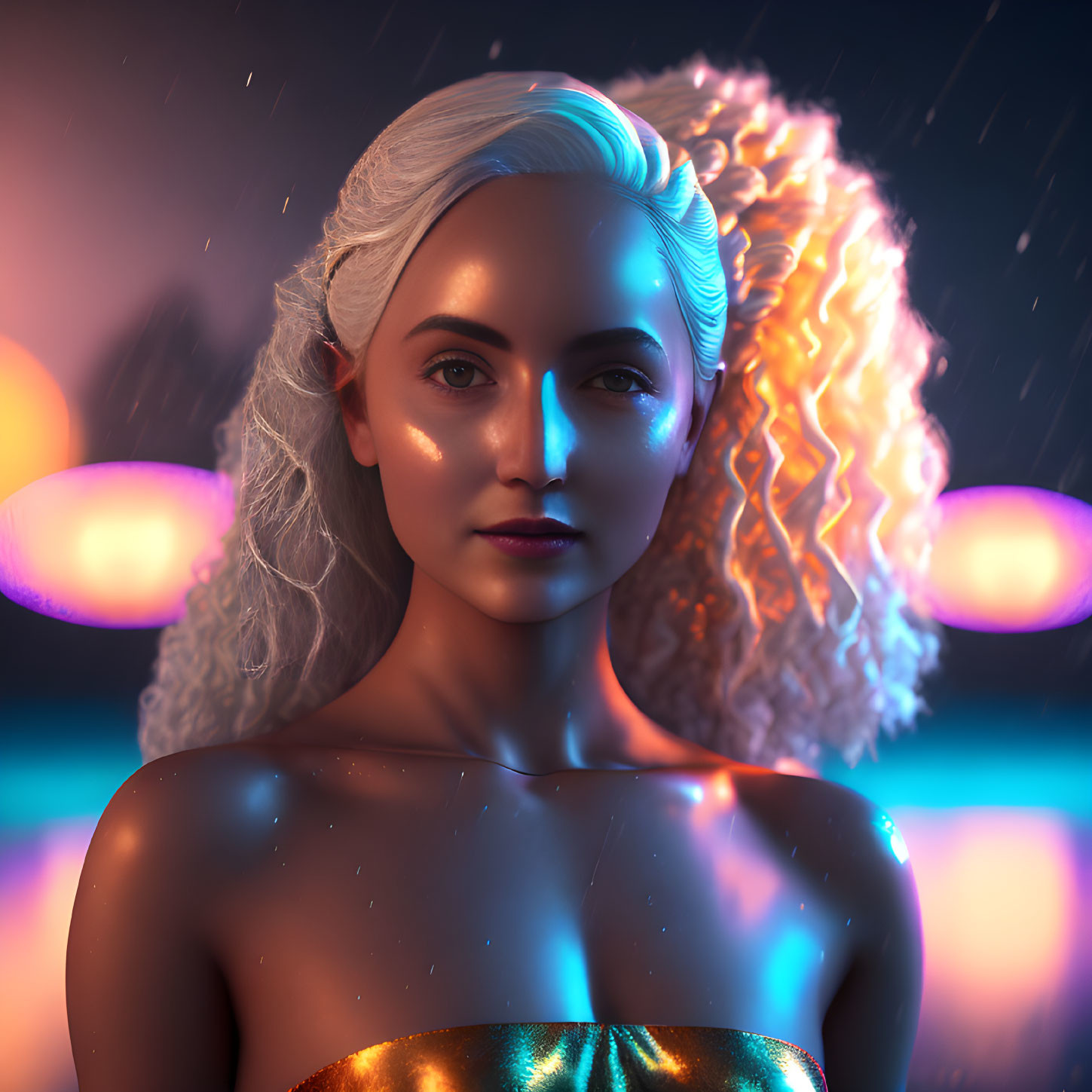 Dual hair textures on woman in 3D art: straight white and curly blonde, set against glowing