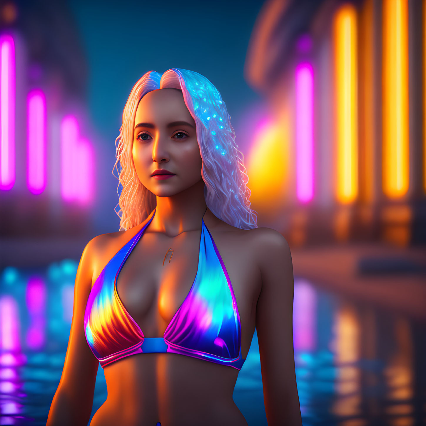 Digital artwork: Woman with glowing hair and luminescent bikini posing at night by water with neon-l