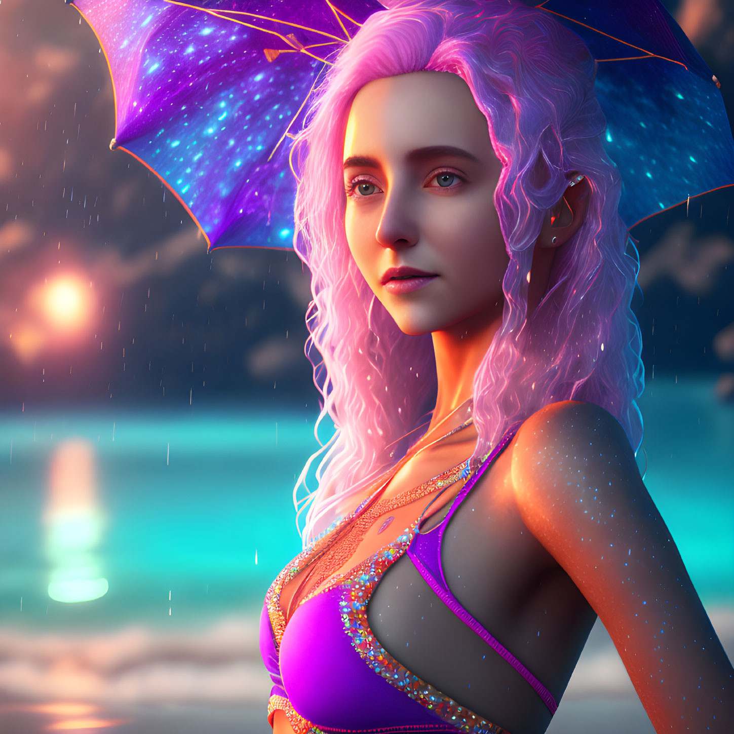 Digital Artwork: Woman with Lavender Hair and Sparkling Umbrella in Twilight Rain