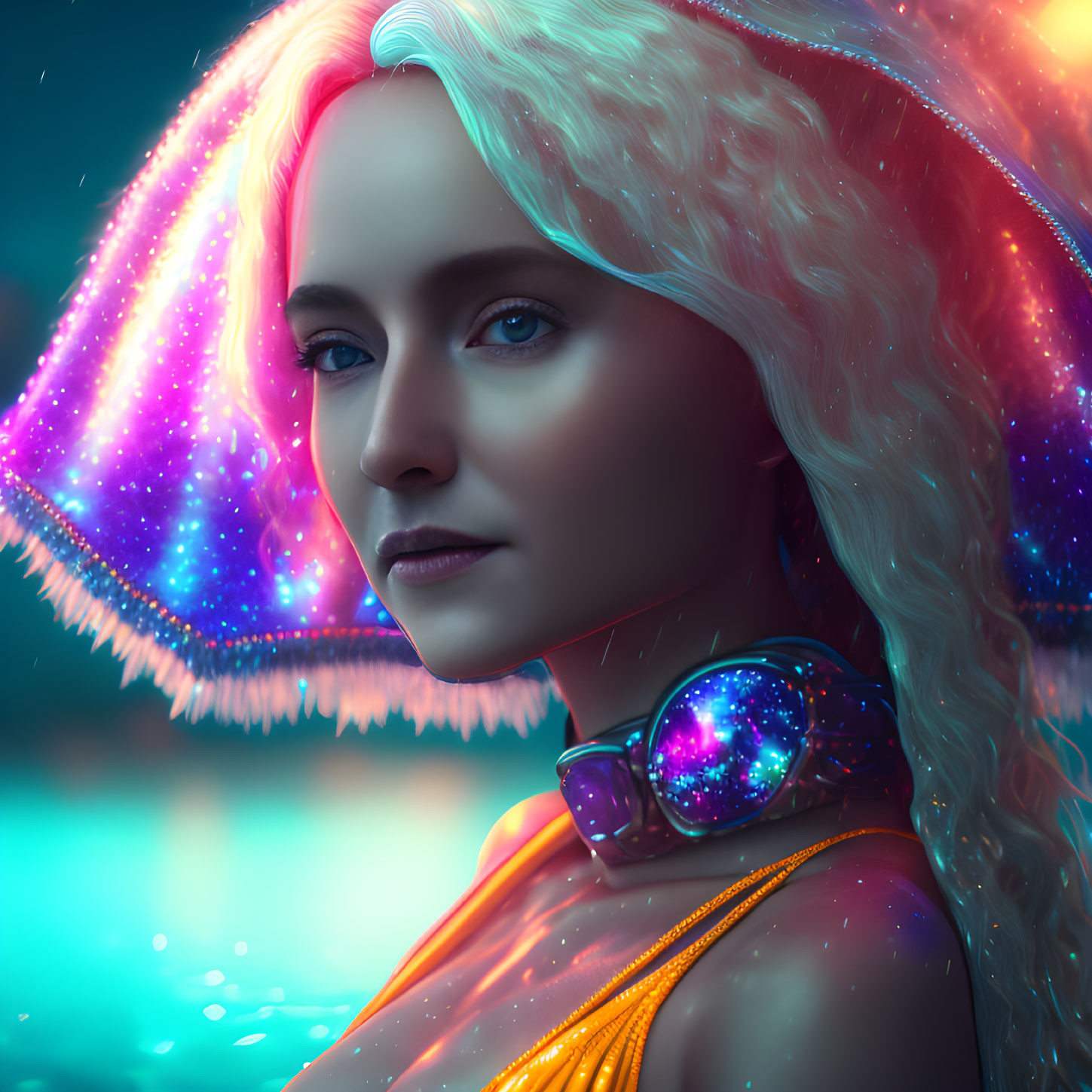 Portrait of woman with glowing jellyfish-like hair and headphones against vibrant blue backdrop