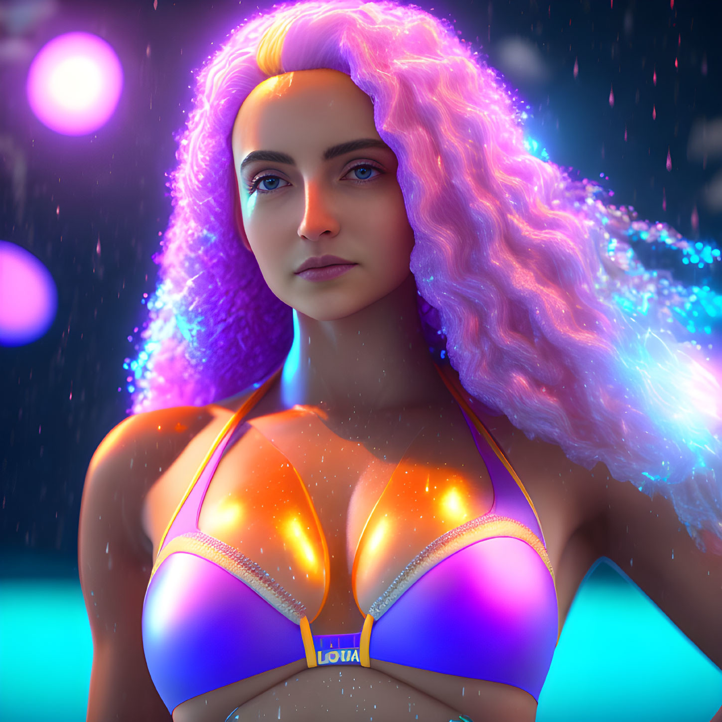 Digital artwork featuring woman with purple glowing hair in reflective bikini against futuristic neon-lit background with falling snow