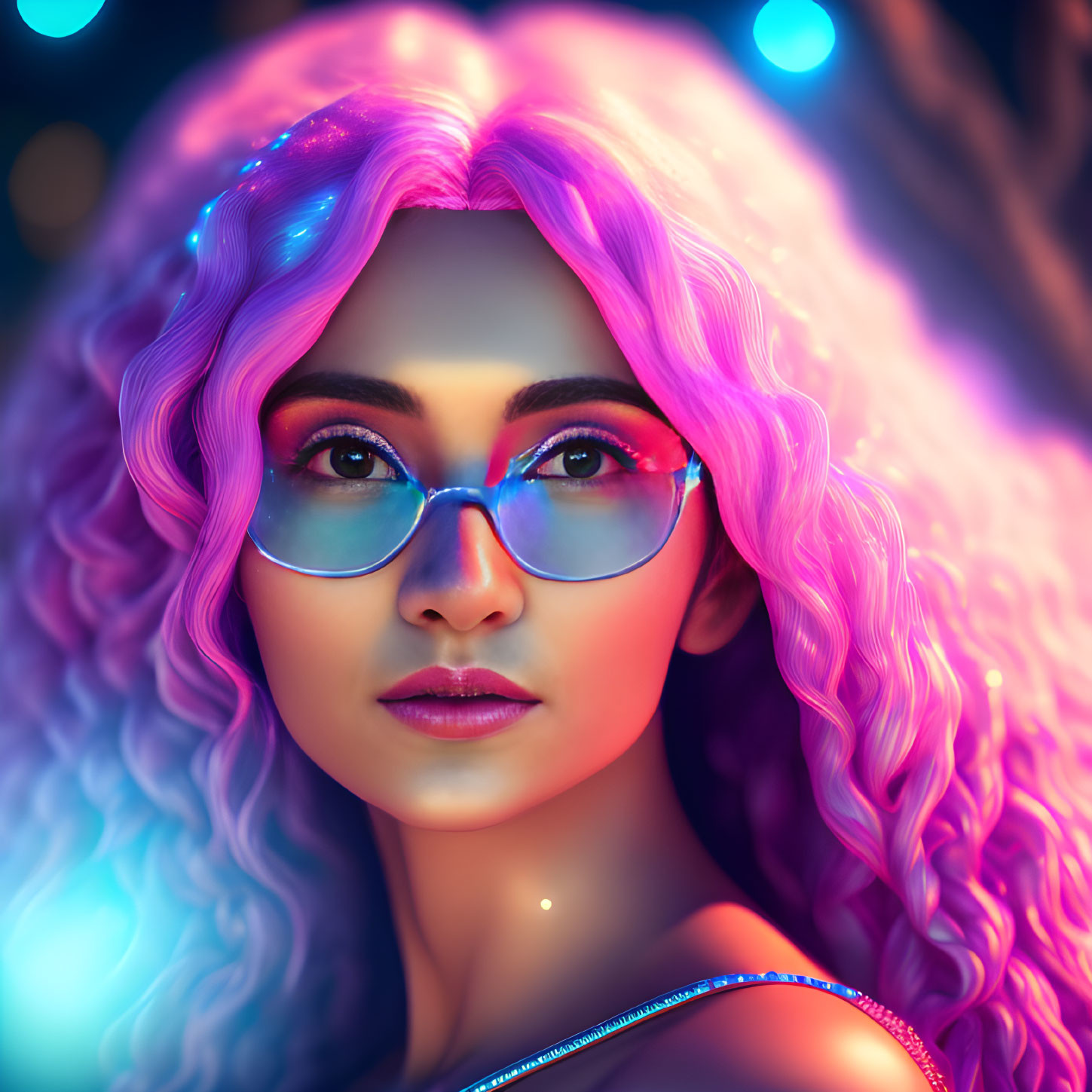 Vibrant purple hair woman with reflective glasses in neon-lit setting