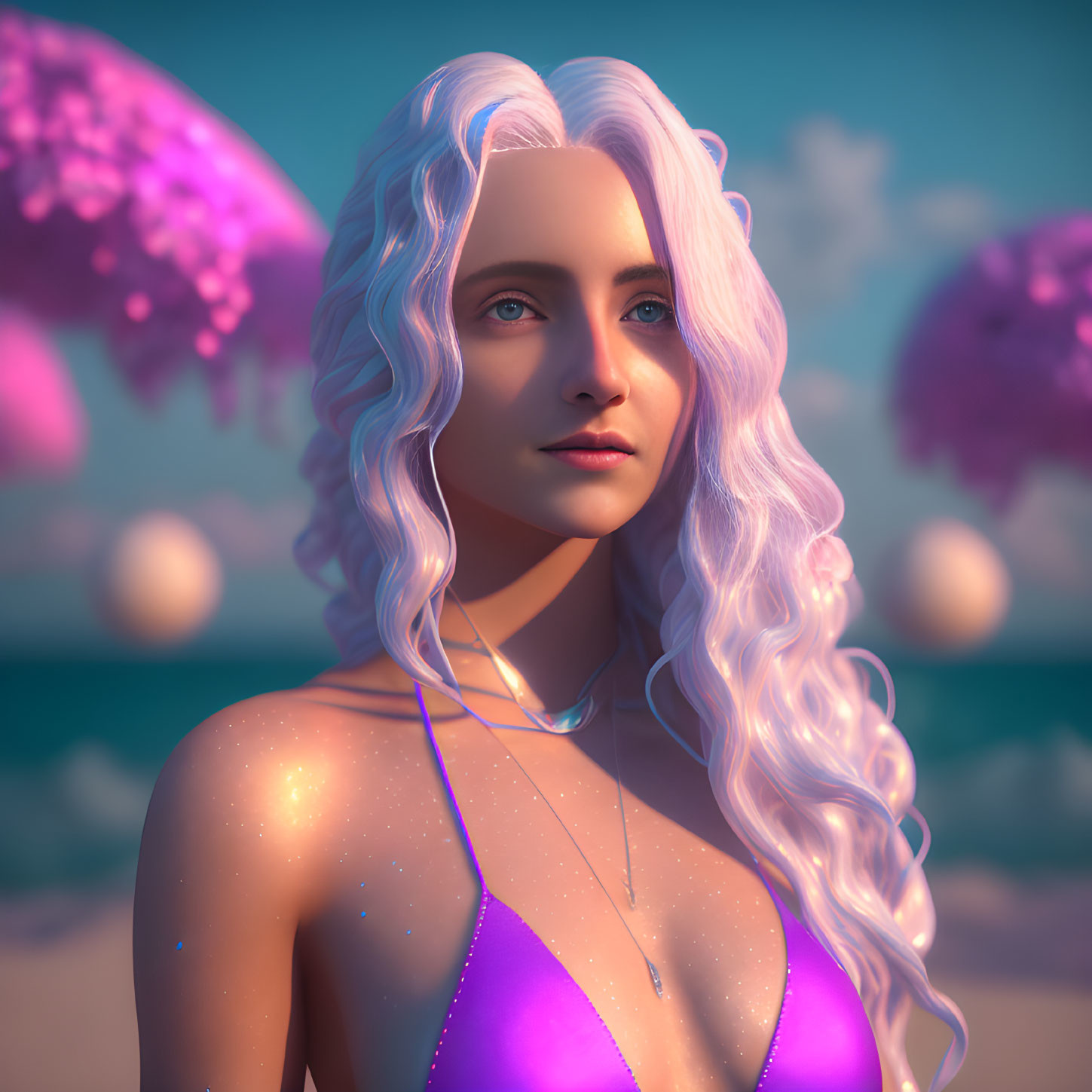 Digital portrait of woman with white curly hair and blue eyes in purple swimsuit with glitter on skin,