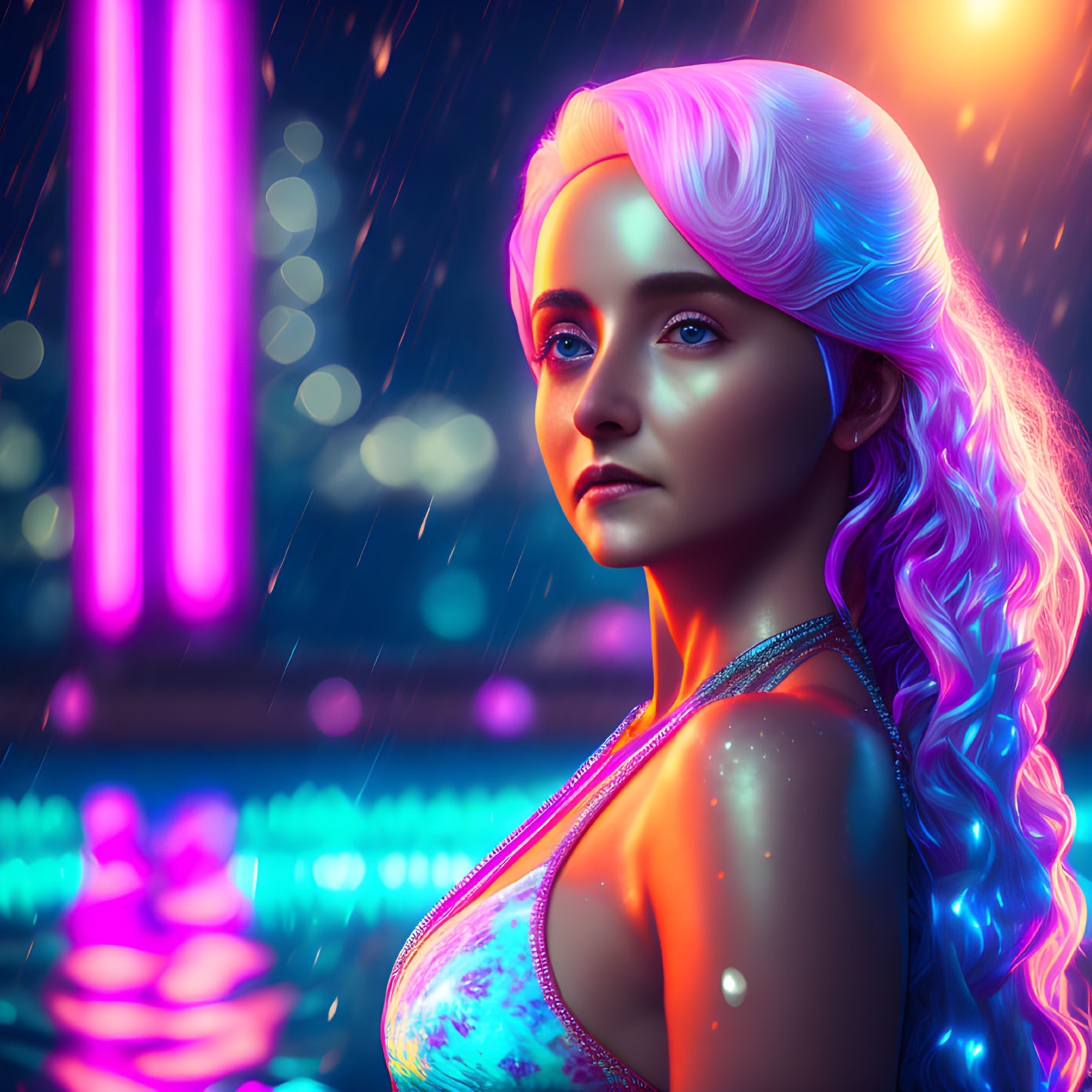 Digital portrait of woman with white hair in turquoise top against neon cityscape at night.