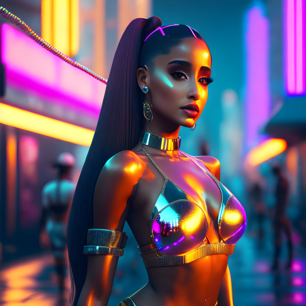 Futuristic Woman in Metallic Clothing and Glowing Makeup in Neon-lit Street