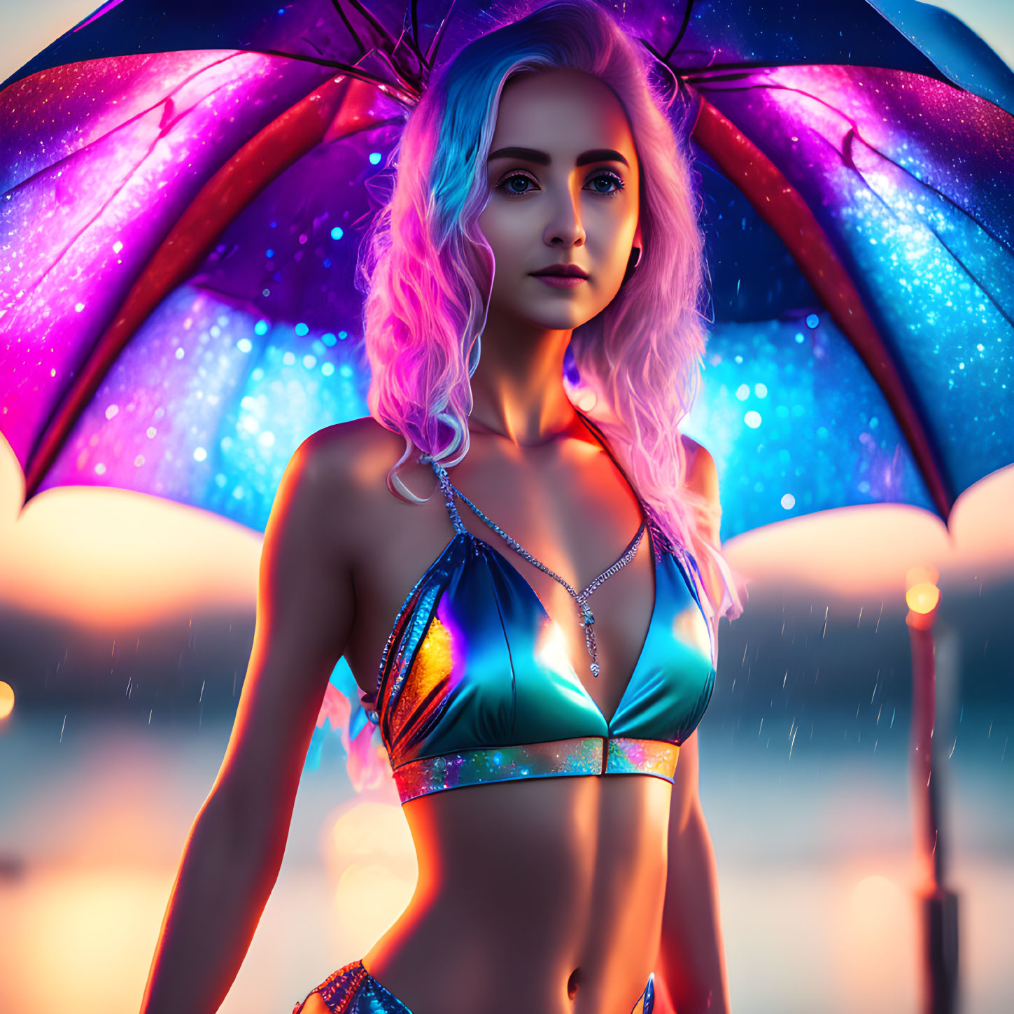 Purple-haired woman with colorful umbrella in neon-lit rain and sparkling bikini