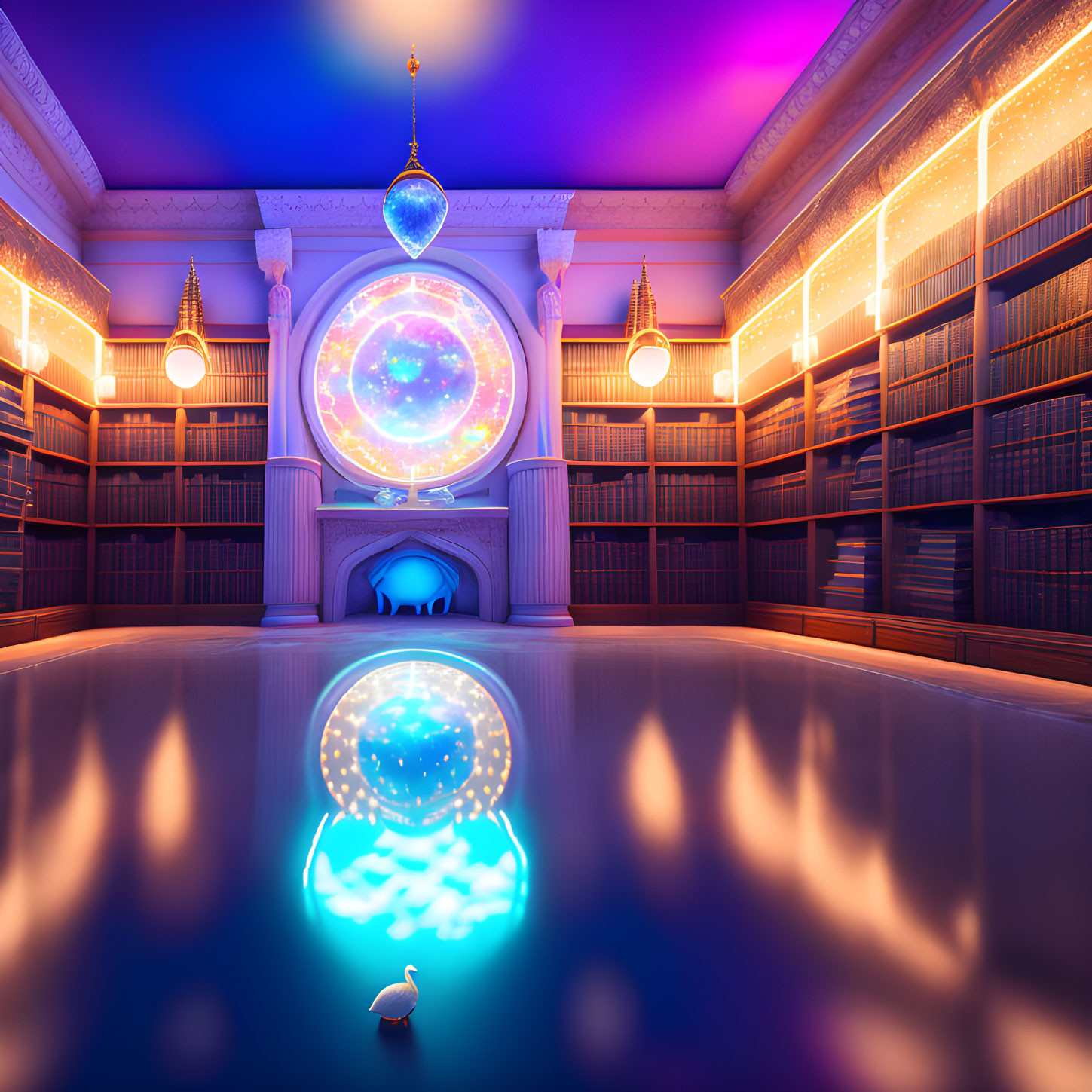 Library with tall bookshelves, glowing orb, and solitary swan in foreground