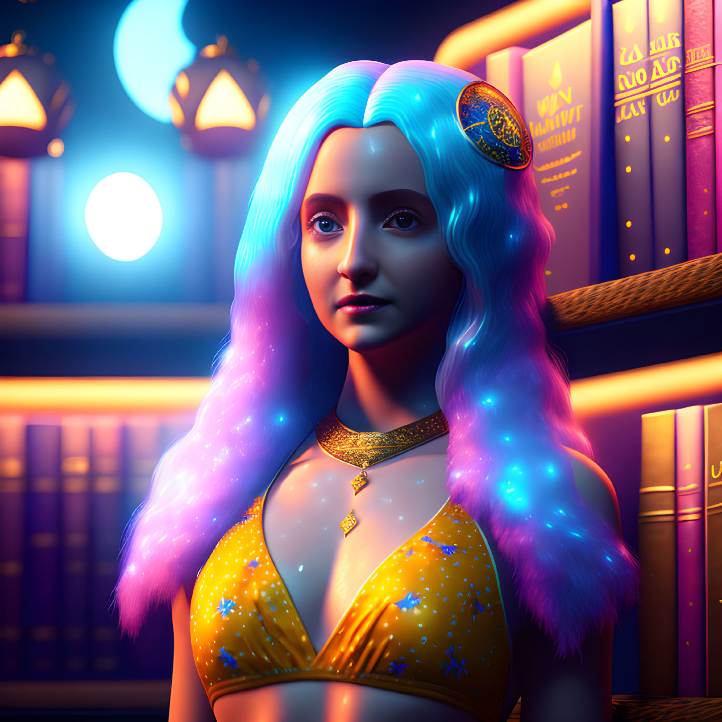 3D illustration of woman with pastel hair in golden star outfit