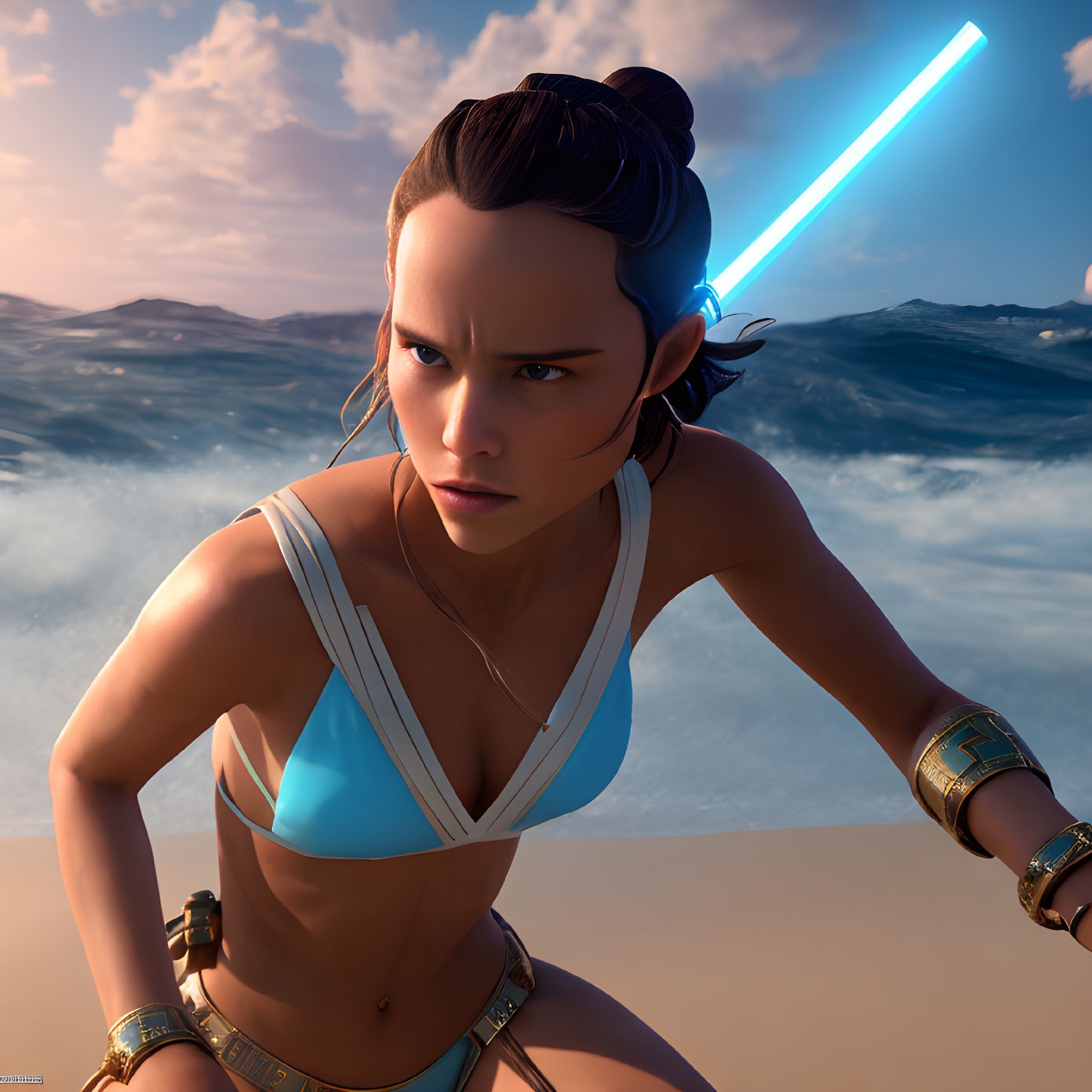 Female warrior in blue attire with lightsaber against stormy backdrop