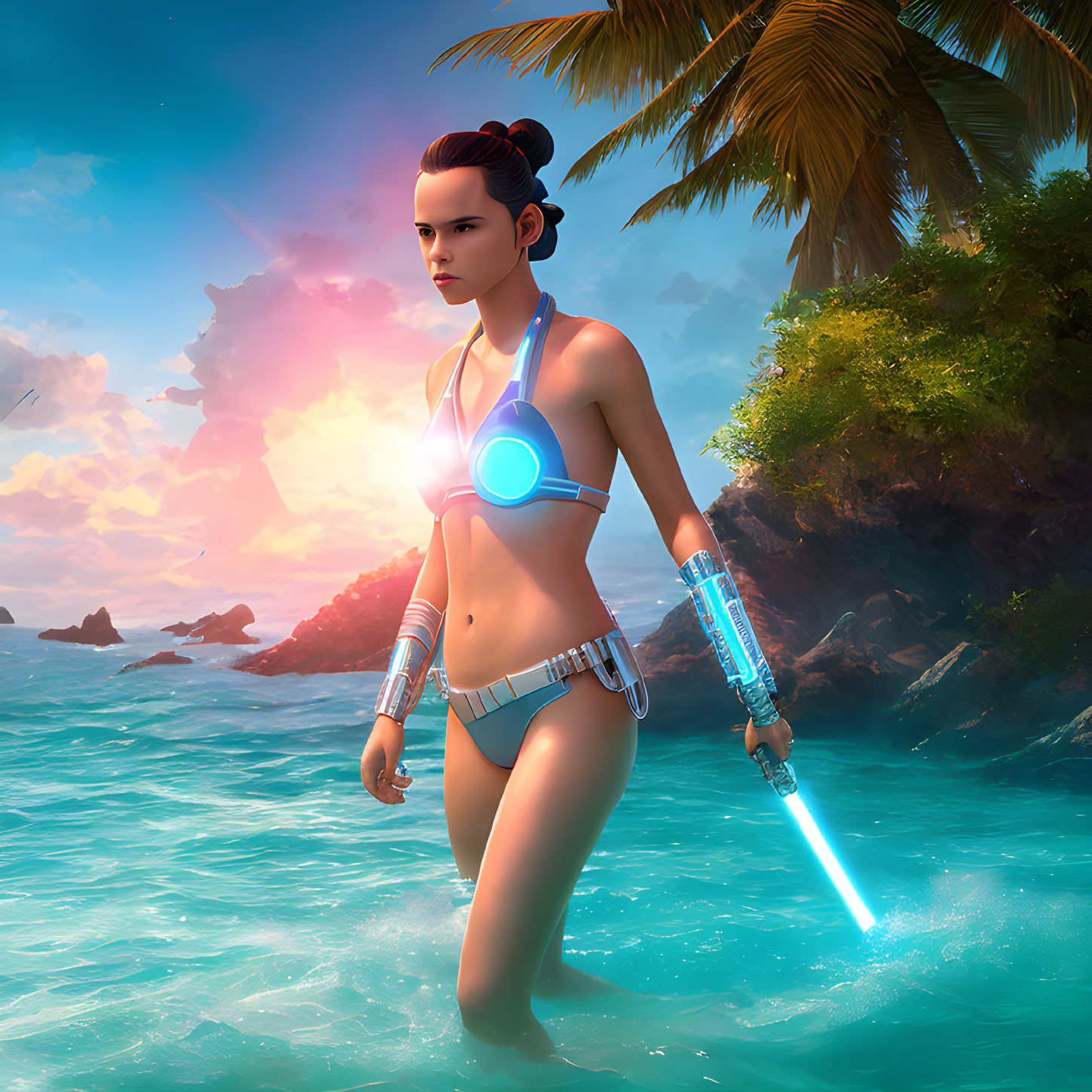 Futuristic female character with lightsaber in tropical sunset scene