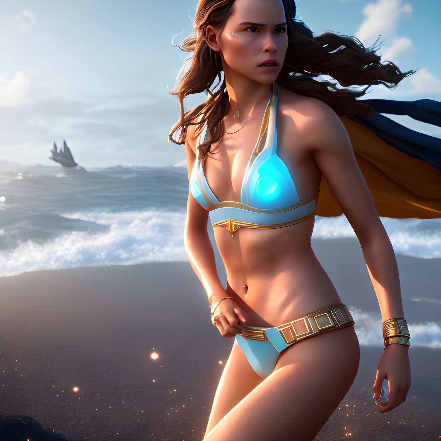 Futuristic woman with glowing necklace on beach with distant ship