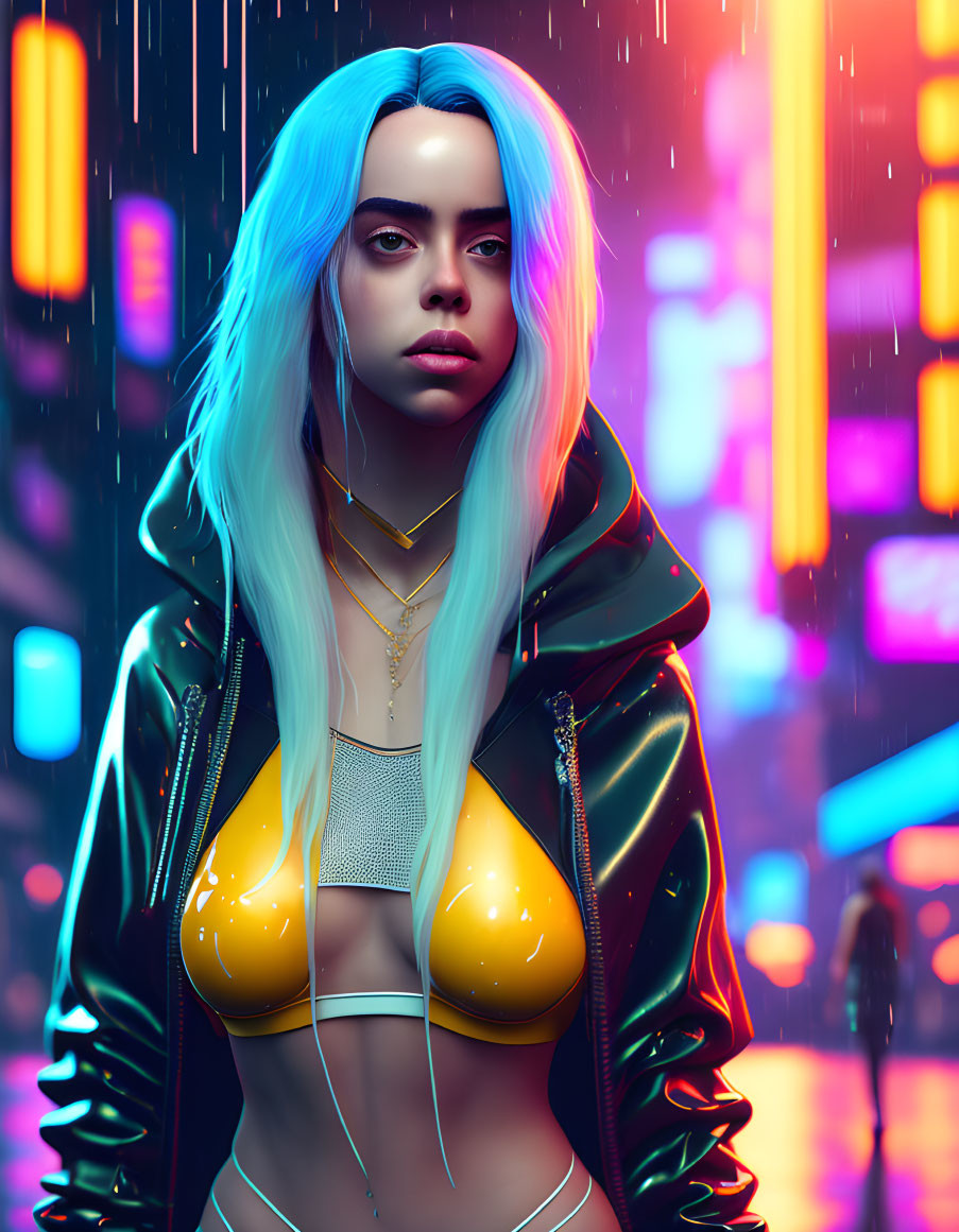 Digital artwork of woman with blue hair against neon-lit cityscape