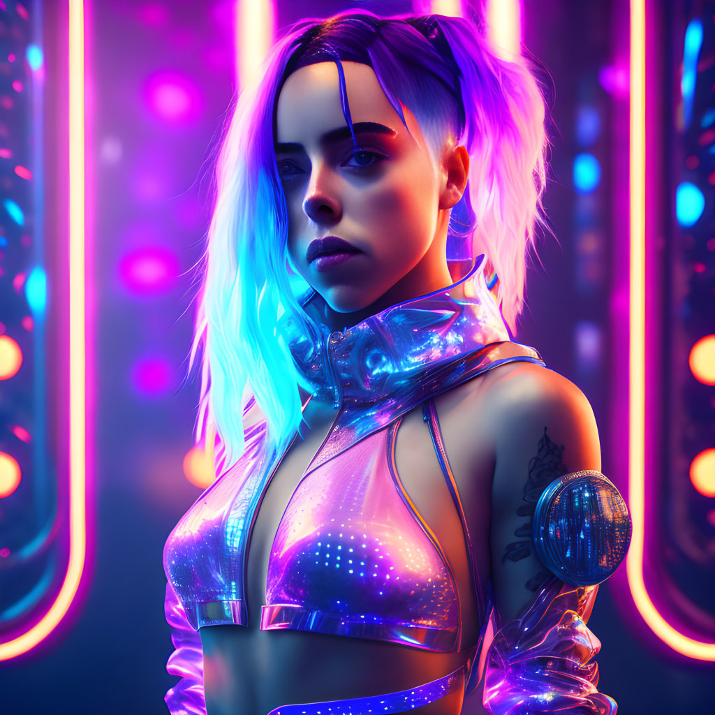 Blue-haired woman in cyberpunk outfit under neon lights