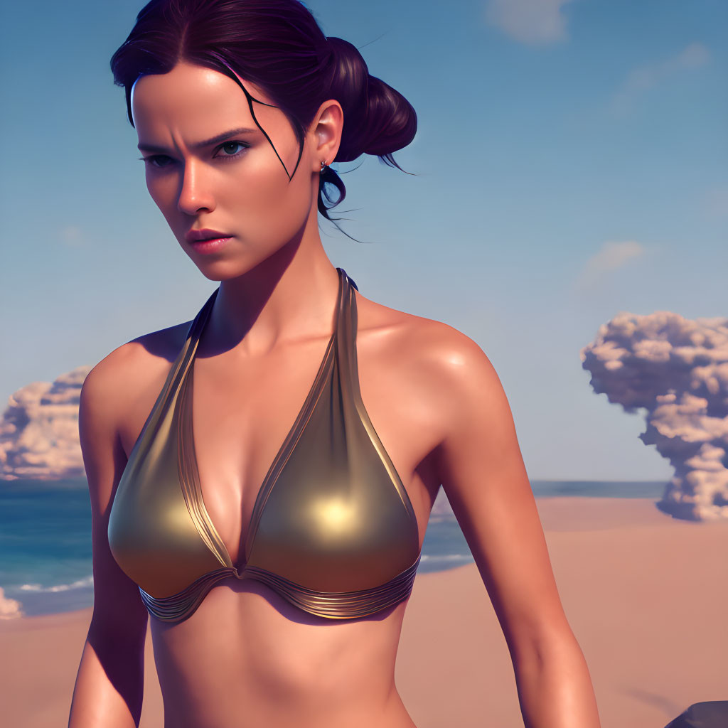 3D-rendered woman in golden bikini on beachscape