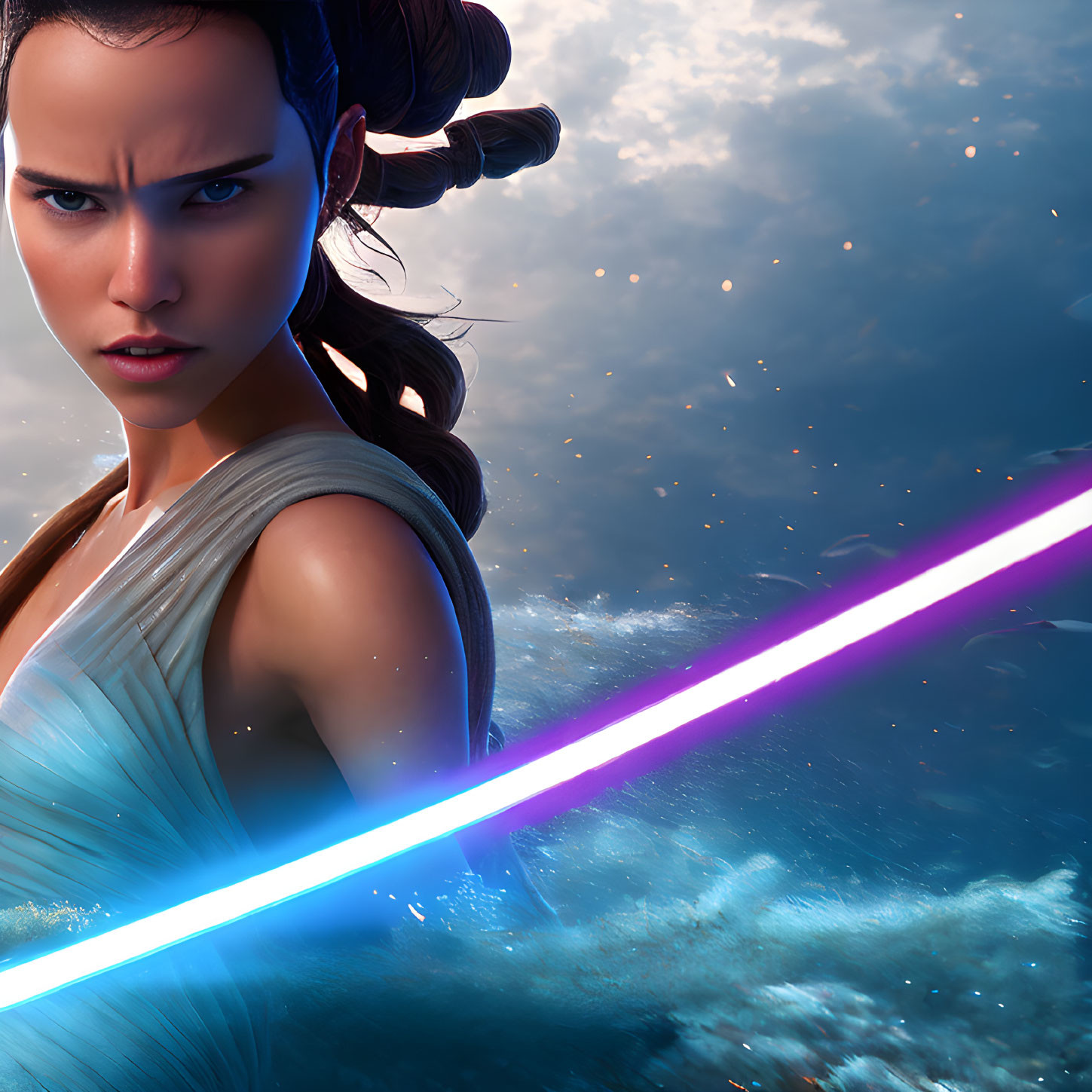 Female character wields glowing purple lightsaber against dramatic sky